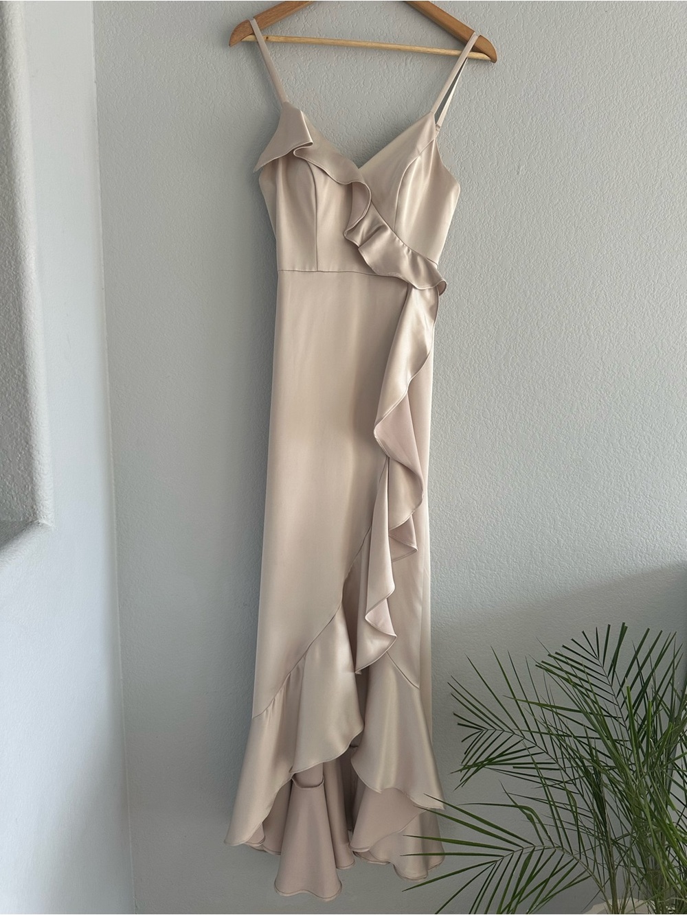 Revelry Paloma Champagne Satin Ruffle Maxi